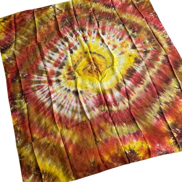 Brilliant Yellow Gold Orange Hand Tie Dyed Silk Scarf Large Square Boho Hippie - Picture 9 of 10